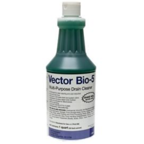 Vector Bio-5 Drain Cleaner bottle, 1 Quart, targets drain flies and organic gunk in drains.