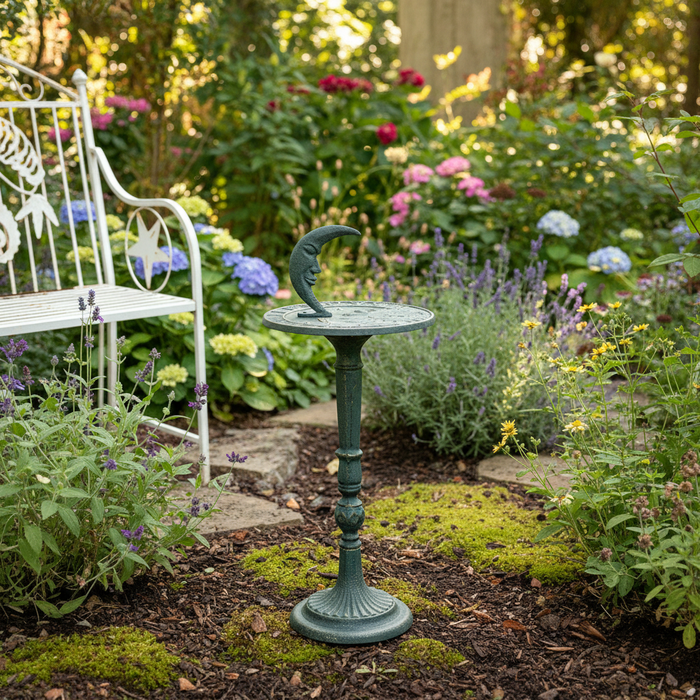 Verdigris sundial cover photo in rustic garden