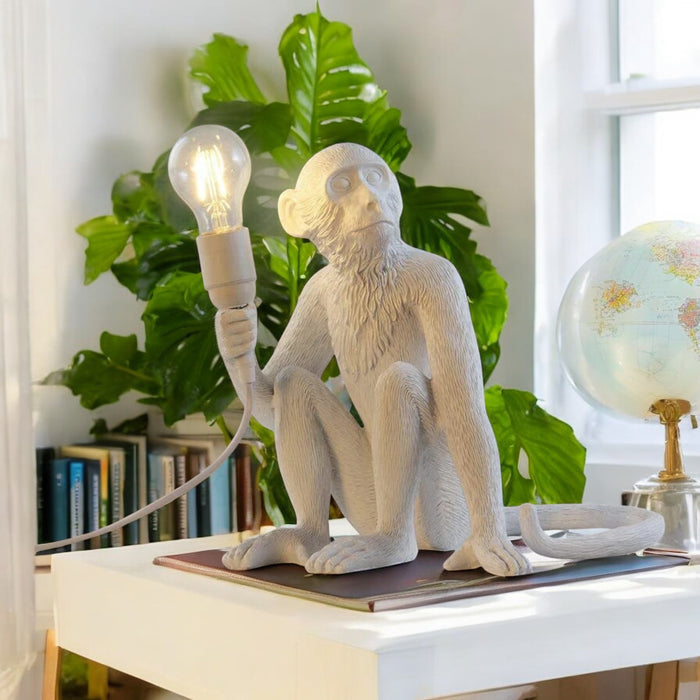 White Monkey Lamp – Resin Sitting Monkey Table Lamp with Edison Bulb
