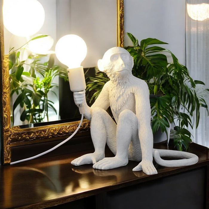 White Monkey Lamp – Resin Sitting Monkey Table Lamp with Edison Bulb