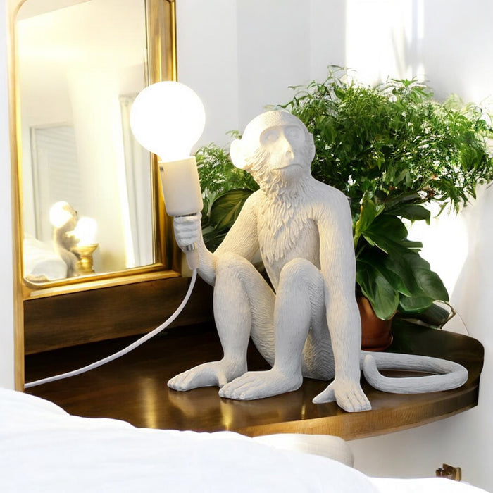 White Monkey Lamp – Resin Sitting Monkey Table Lamp with Edison Bulb