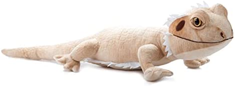 Wild Onez bearded dragon plush lying flat in profile showing creamy tan body, white spiky beard and frill, four splayed legs and long tail, white background