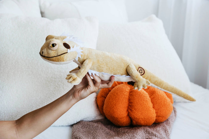Hand holding Wild Onez bearded dragon plush perched on top of an orange pumpkin plush toy on a white couch with white pillows in background