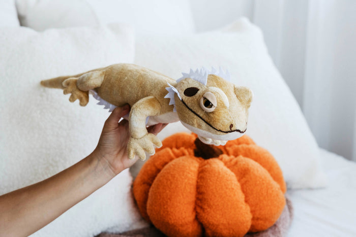 Close-up front view of Wild Onez bearded dragon plush face showing embroidered eyes, white spiky frill, and stitched smile detail, white background