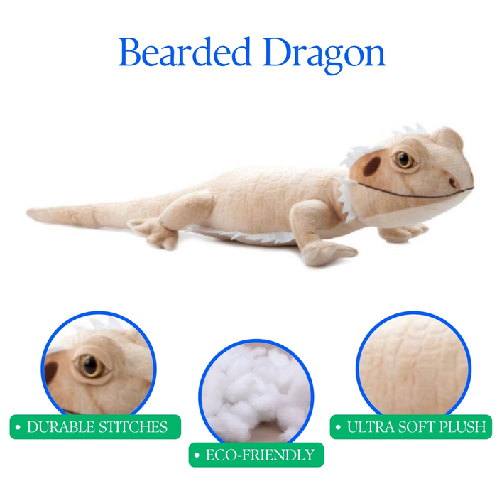 Wild Onez bearded dragon plush lying flat showing back detail with tan scales, white dorsal frill, and recycling emblem patch, white background