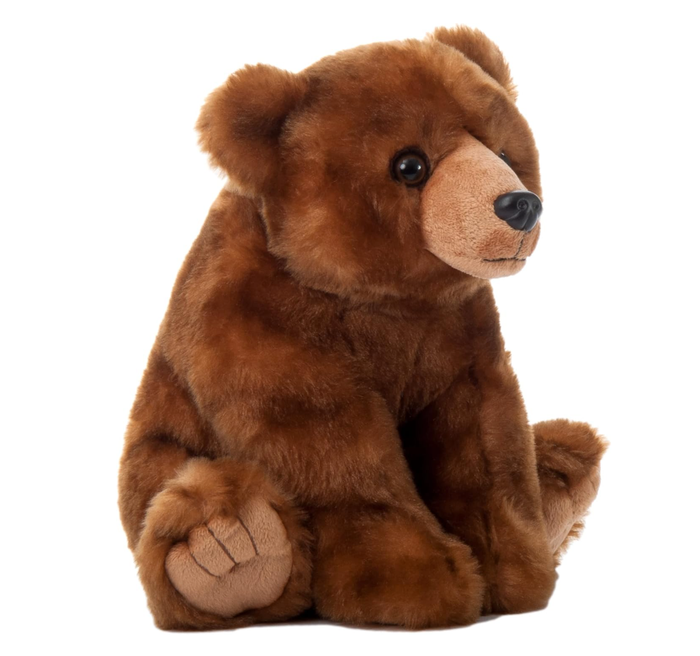 Wild Onez brown bear plush in three-quarter side view showing profile and tan paw pads, white background
