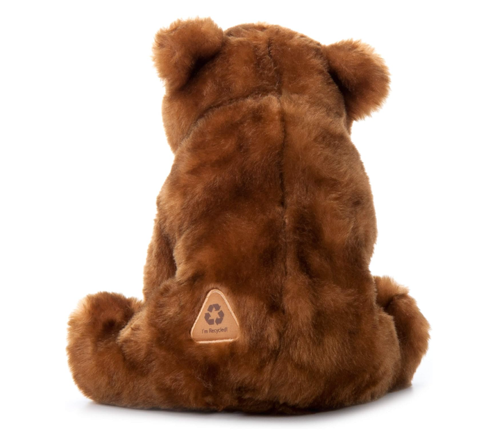 Back view of Wild Onez brown bear plush showing "I'm Recycled" triangular patch on lower back, white background