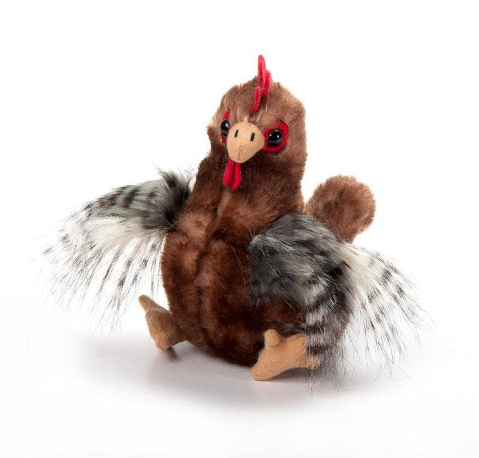 Wild Onez brown chicken Babiez mini plush sitting with speckled grey-white wings spread, red comb and wattles, sparkly black eyes, and tan beak, white background