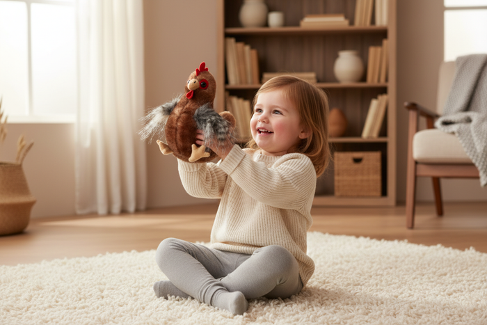 Smiling young girl sitting cross-legged on a white rug holding a Wild Onez brown chicken Babiez plush up in the air, warm cozy living room with natural wood bookshelf in background