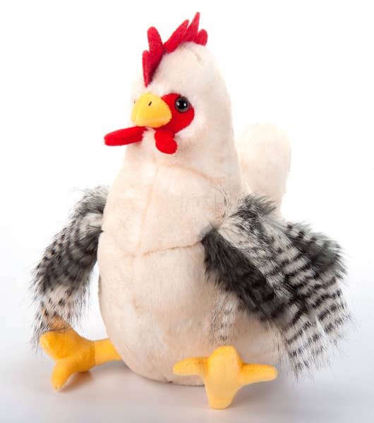 Wild Onez chicken plush standing upright facing right with white body, red comb and wattle, yellow beak, and speckled grey-black wing feathers, white background