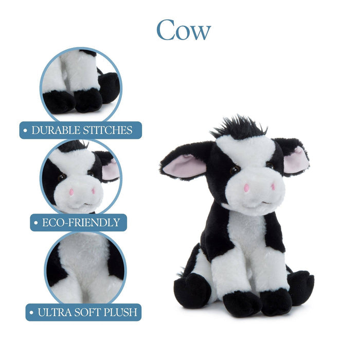 Infographic showing Wild Onez cow plush features — durable stitches, eco-friendly fill, and ultra-soft plush construction, white background