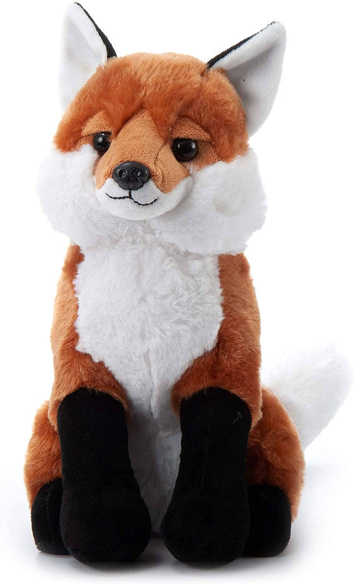 Wild Onez red fox plush seated facing forward with rust-orange fur, white chest, black legs and ear tips, and fluffy white-tipped tail, white background