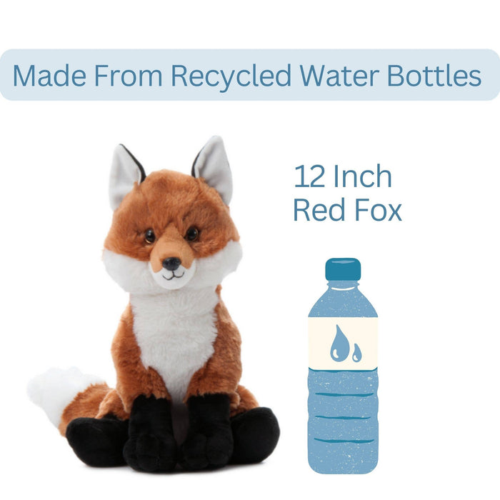 Side view of Wild Onez red fox plush sitting and looking left, showing profile of rust-orange body, white chest, and fluffy tail curled to the side, white background