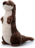 Wild Onez river otter plush standing upright in three-quarter view with dark chocolate brown fur, cream white belly, and black nose, white background