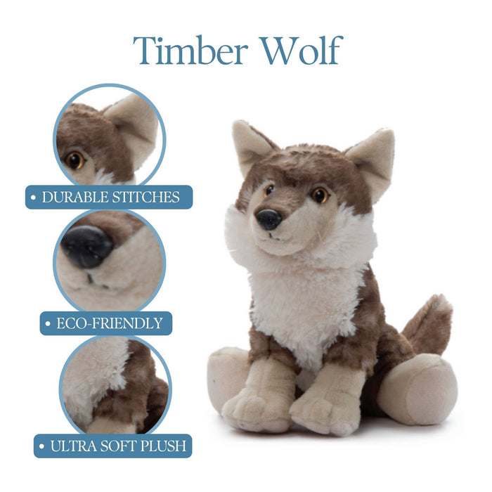 Front-facing view of Wild Onez timber wolf plush showing detailed facial markings, cream muzzle, and glossy black eyes, white background