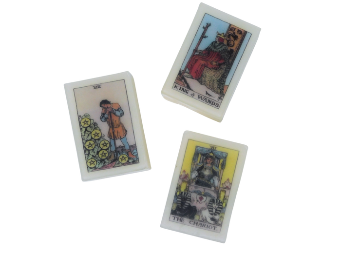 three soaps with tarot card images