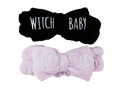 Picture of both black and lavender colored Witch Baby plush headbands.