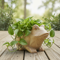 Woodland Whimsy frog planter filled with orange mums on an outdoor patio, showing hand-chiseled wood-grain MGO texture, 12.5 inches tall